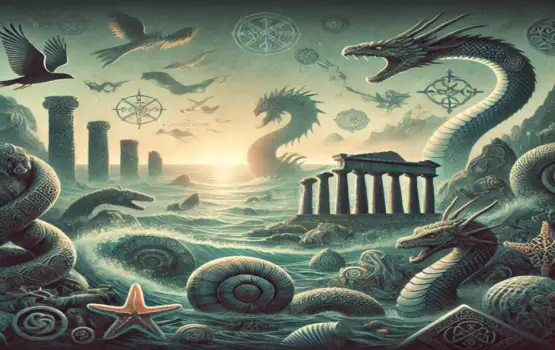 Atmosphärisches Titelbild für einen Artikel über die Mythen und Symbolik der Nordsee. Die Illustration zeigt nordische Mythen, Meereskreaturen, die versunkene Stadt Rungholt und Symbole wie Muscheln und Seesterne, umgeben von einer mystischen und ruhigen Atmosphäre.