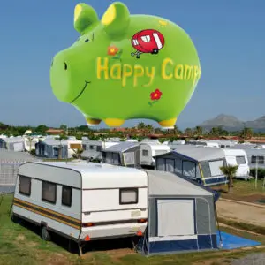 Sparschwein Happy Camper aus Keramik in Grün, Gelb und Rot, 12,5 x 9 x 9 cm & 9 x 12,5 x 9 cm