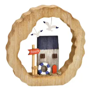 Aufsteller Boothaus – Hochwertige Deko in Blau, Beige und Rot, Maße 21 x 21 x 4 cm