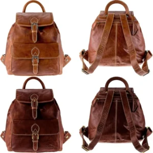 Alpenleder Rucksack Jacob’s Way in Cognac und Brandy – Vorder- und Rückansicht der handgefertigten Lederrucksäcke aus vegetabil gegerbtem Büffelleder
