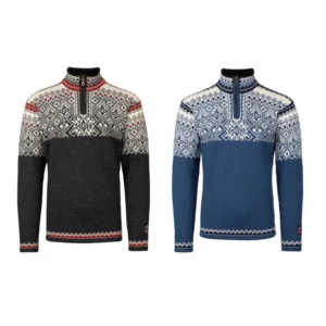 Narvik Ski-Pullover aus norwegischer Wolle, Anthrazit und Blau
