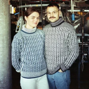 Unisex Wollpullover Utsira, Norlender, Blau und Anthrazit