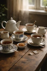 Ostfriesische Teezeremonie mit Teekanne, Tassen, Kandis und Sahne in ruhiger Atmosphäre