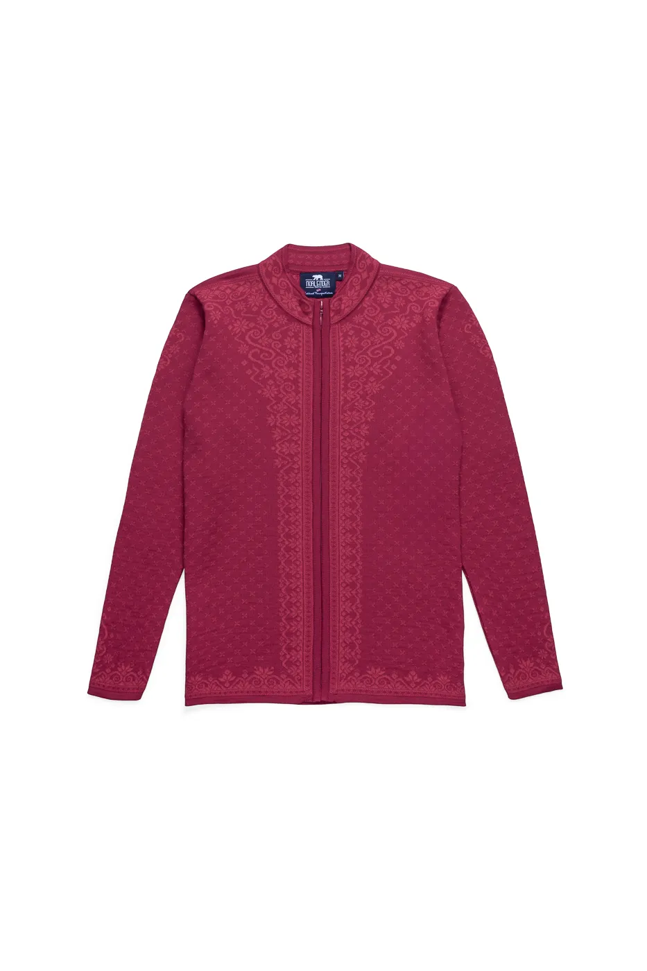 Norlender Anne Merino Wool Cardigan in Rot mit skandinavischem Jacquardmuster