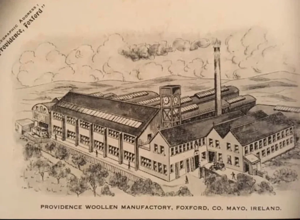 Historische tekening van de oorspronkelijke Providence Woollen Manufactory in Foxford, County Mayo, Ierland