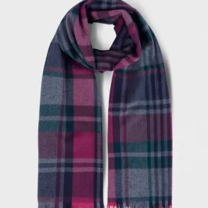 Foxford Petunia Tartan Kaschmir-Lammwoll-Schal in Rosa, Dunkelblau, Grün und Grau – Produktansicht