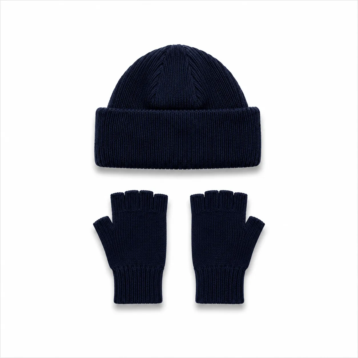 Norlender Nordsjø Set mit Mütze und fingerlosen Handschuhen in Navy aus 100 % Merinowolle