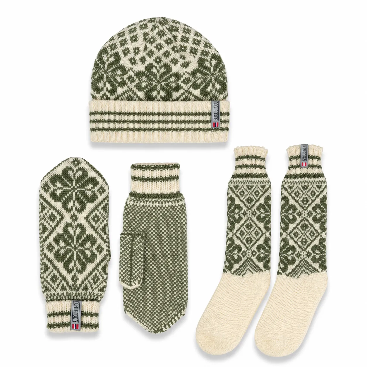 Norlender Selbu Beanie (Strickmütze), Fäustlinge und Wollsocken in Grün aus 100 % Wolle mit traditionellem norwegischem Selbu-Sternmuster.