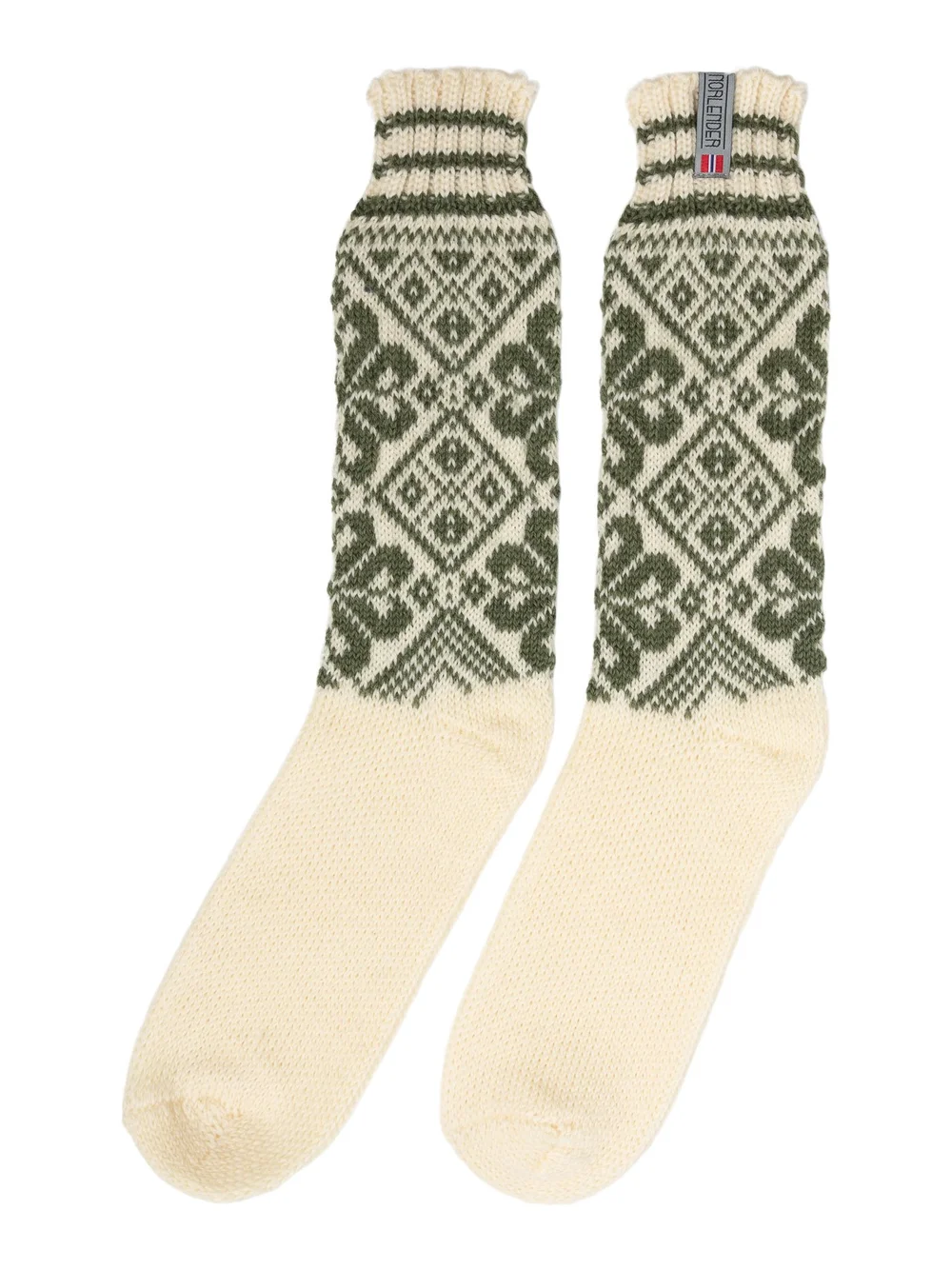 Traditionelle Norlender Selbu Wollsocken in Grün aus 100 % Wolle mit klassischem norwegischem Strickmuster.