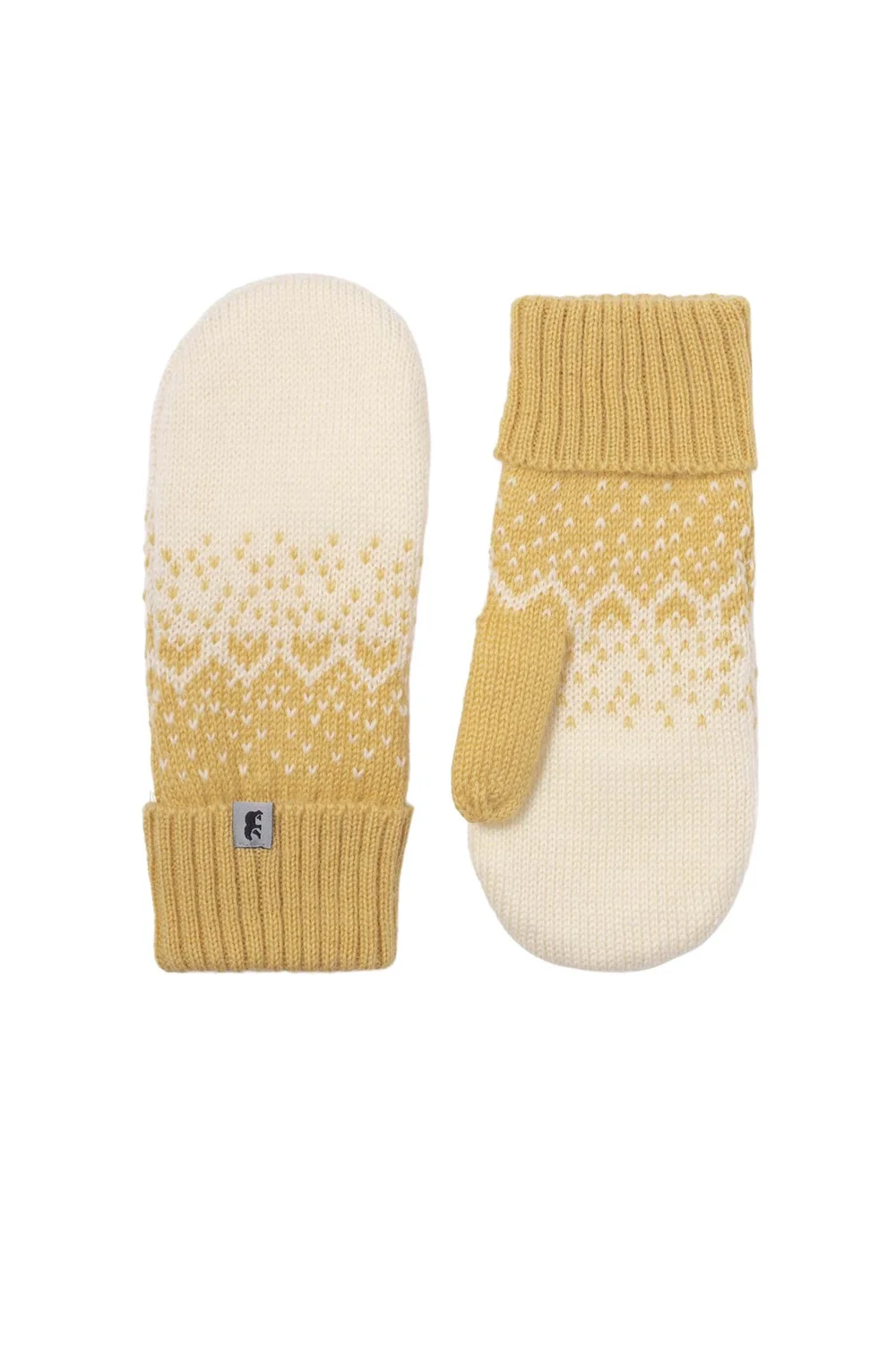 Norlender Snow Storm Fäustlinge in Gelb aus 100 % Wolle mit weichem Fleecefutter und skandinavischem Snow-Storm-Muster.