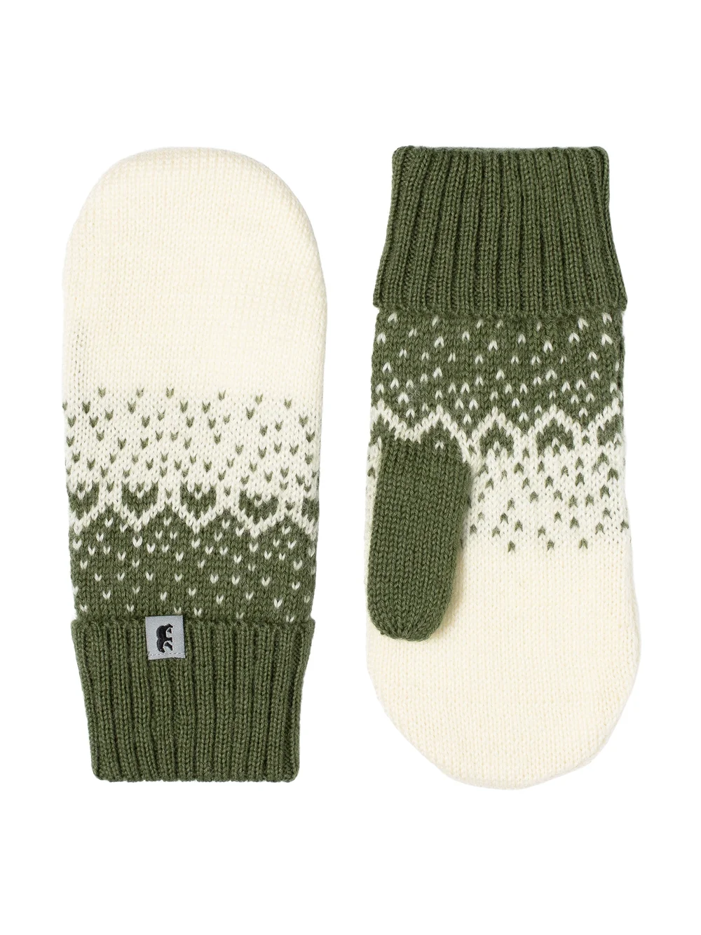 Norlender Snow Storm Fäustlinge in Grün aus 100 % Wolle mit weichem Fleecefutter und skandinavischem Snow-Storm-Muster.