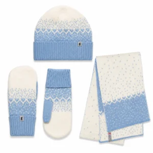 Norlender Snow Storm Wollmütze, Fäustlinge und Wollschal in Blau aus 100 % Wolle im skandinavischen Snow-Storm-Muster.
