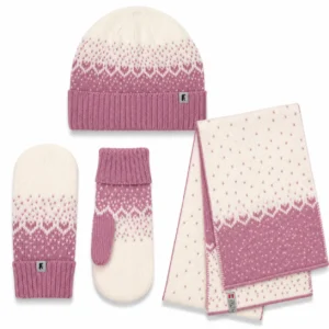 Norlender Snow Storm Wollmütze, Fäustlinge und Wollschal in Rosa aus 100 % Wolle im skandinavischen Snow-Storm-Muster.